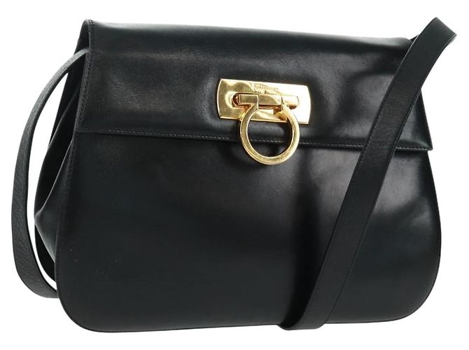 Borsa a Spalla Gancini in Pelle Nera e Oro Salvatore Ferragamo Auth 160020 Nero D'oro