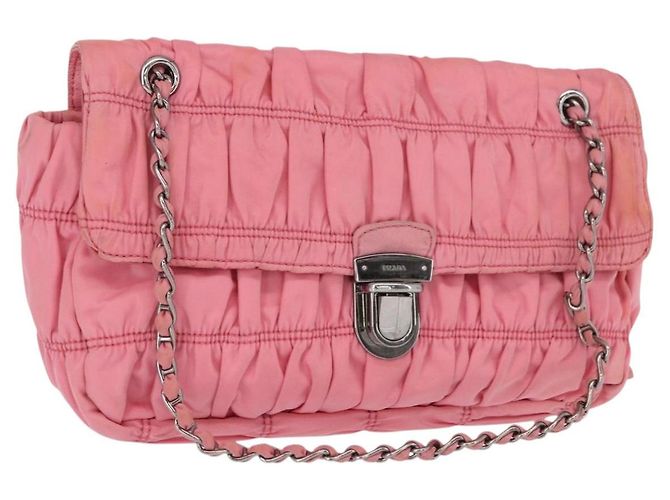PRADA Bolsa de Ombro com Corrente Pregueada Nylon Rosa Prata Auth 161419