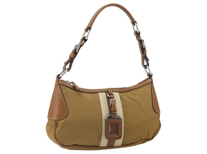 PRADA Shoulder Bag Nylon Beige Silver Auth 162978 Silvery