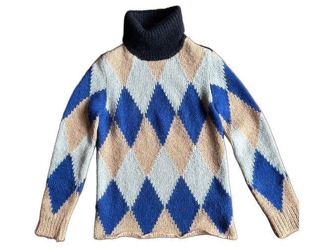 Tory Burch Pull à col roulé en maille à losanges Noir Bleu Gris Camel
