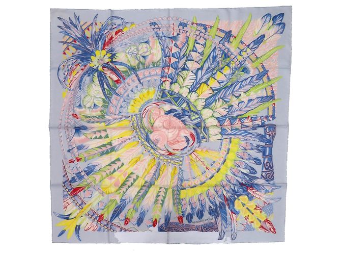 Lenço de seda Hermès Carré 90 Danse Pacific Rosa Azul Amarelo