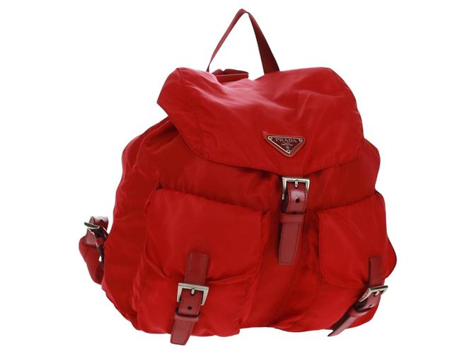 PRADA Backpack Nylon Red Silver Auth 160522 Silvery