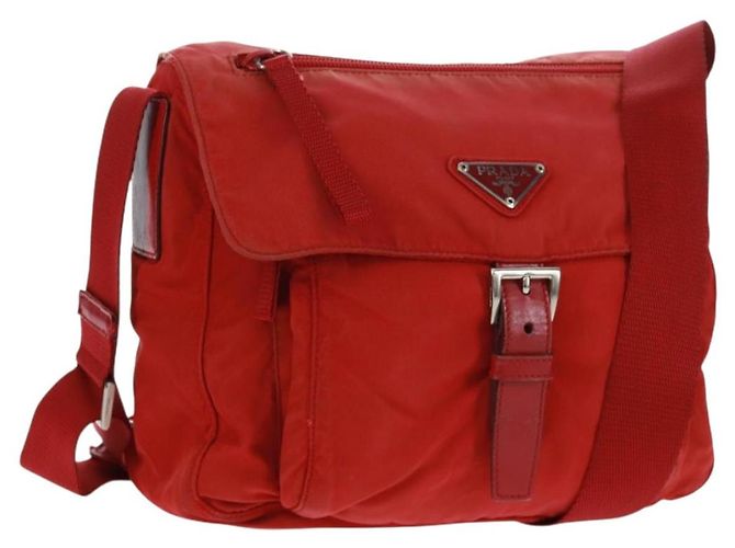 PRADA Shoulder Bag Nylon Red Silver Auth 161482 Silvery