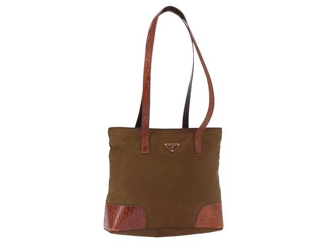 Bolsa Tote PRADA de nylon marrom dourado Auth 161781