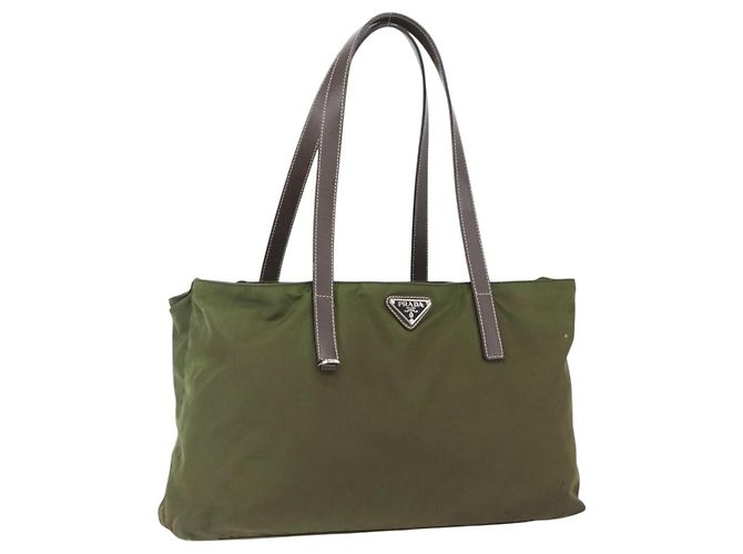 PRADA Tote Bag Nylon Khaki Silver Auth 161778 Silvery