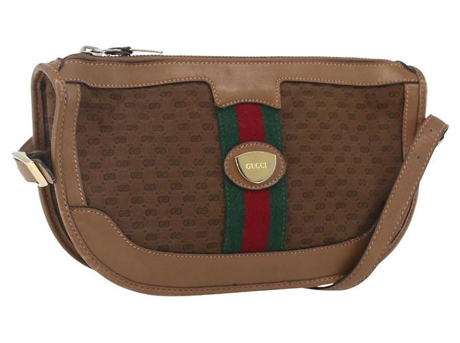 Bolso de Hombro Gucci Micro GG Canvas Web Sherry Line Marrón Oro Rojo Auth 162991 Castaño Roja Dorado
