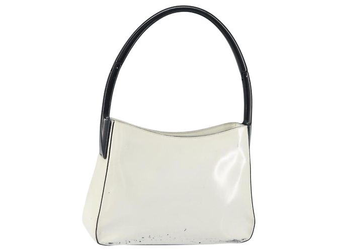 Bolsa de Ombro PRADA em couro envernizado branco prata Auth 162846