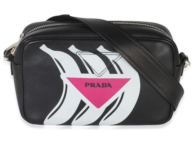 Bolsa transversal Prada em couro de bezerro preto e rosa com logo Banana
