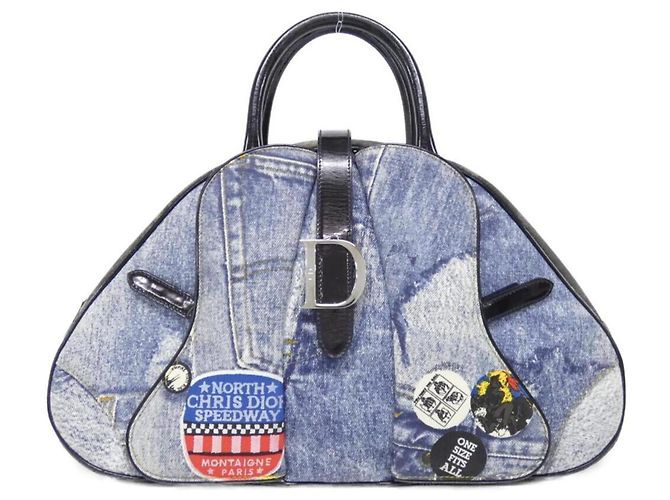 Borsa a mano in denim blu e pelle Christian Dior