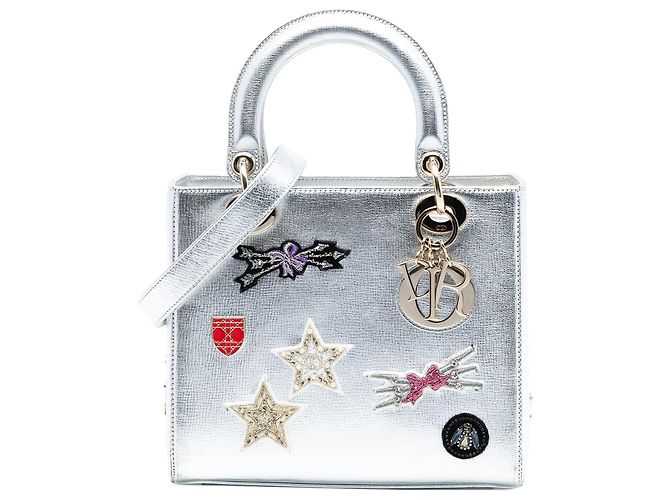 Dior Prata Médio Couro de Bezerro Com Adornos Lady Dior