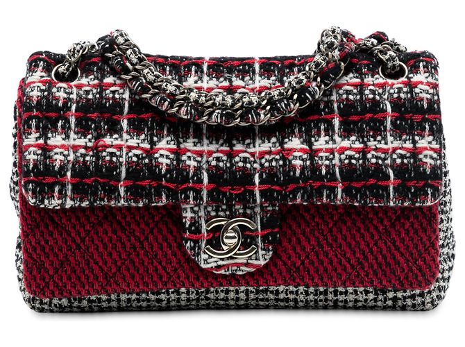 Chanel Red Medium CC Tweed Multi Print Double Flap