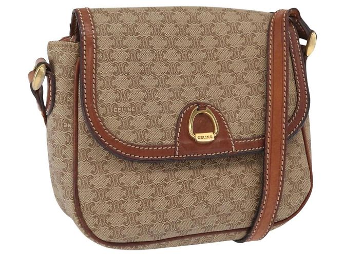 Céline Bolsa de Ombro em Lona Macadam CELINE PVC Bege Ouro Auth 163376