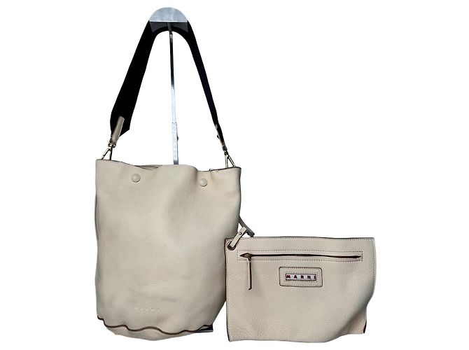 Vintage Marni Leder Eimer Tasche Beige Schwarz