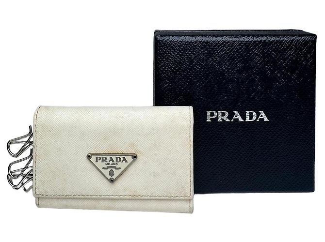 Saffiano Vintage Prada Triangle Leather Key/Card Holder White