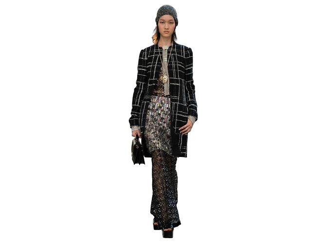 Chanel Pre-Fall 2023 23A Schwarz-Weiß Karierter Tweed-Mantel