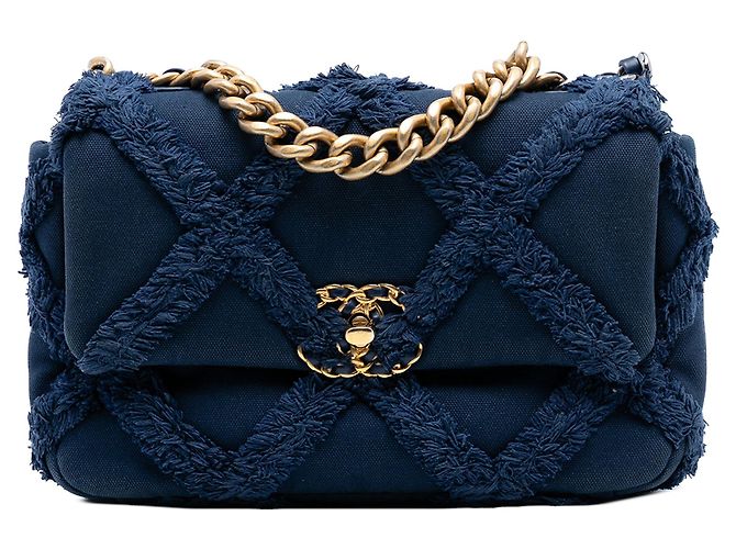 Chanel 19 Chanel Mediana de Lona y Algodón 19 con solapa Azul