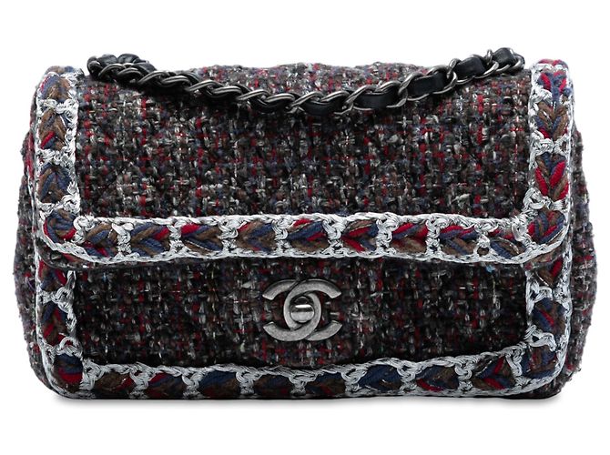 Chanel Mini Retangular Clássico Tweed Trançado Simples carteira Preto