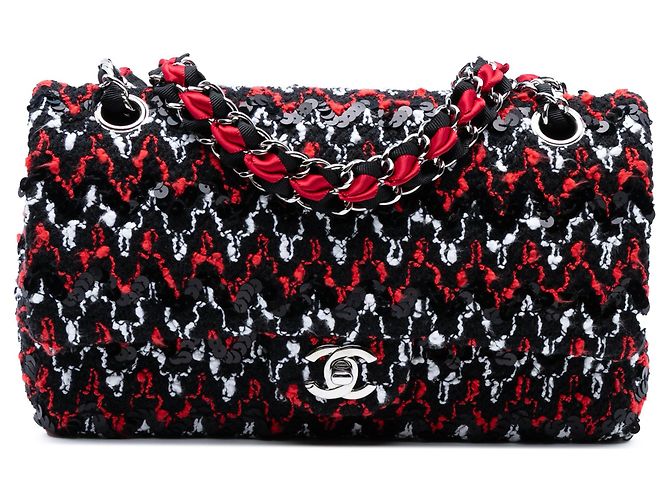Chanel Medium Classic Tweed Sequins Double rabat Noir