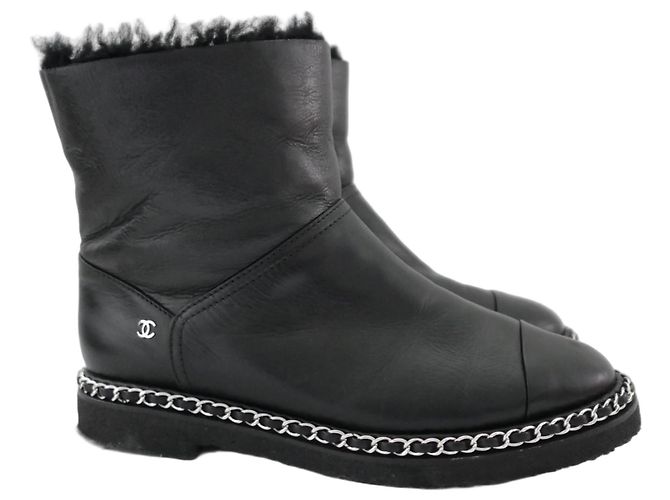 Chanel Chain Trim Leather Shearling Lined Ankle Boots Black