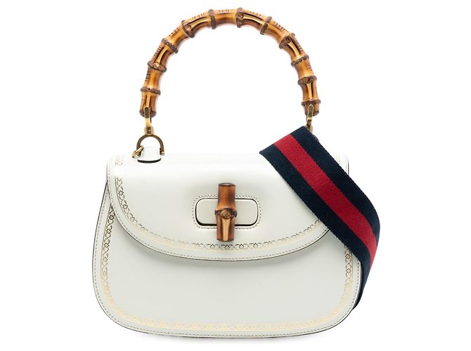 Bolsa de mão em couro de bezerro branco com estampa de quadro Bamboo da Gucci
