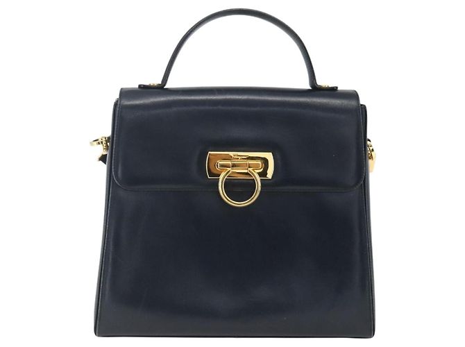 Salvatore Ferragamo Gancini Convertible Top Handle Pelle Medium Blu navy