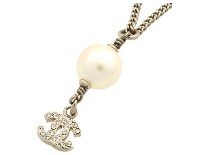 Colar de pérola falsa e strass Chanel Coco Mark Prata Branco