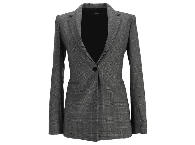 Theory Single-Breasted Plaid Slim-Fit Blazer in Grey Wool