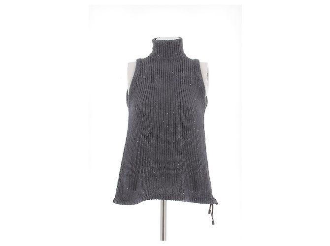 Ärmelloser Brunello Cucinelli Rollkragenpullover aus Leinenmix Grau mit Strass
