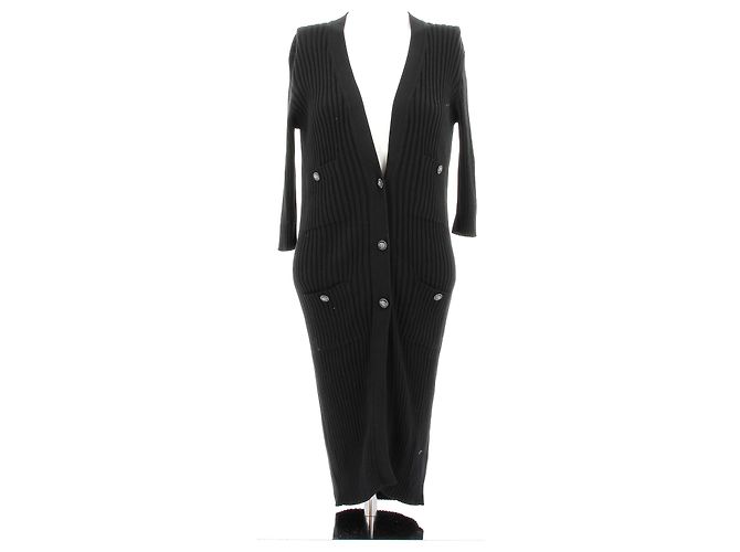 Chanel Langer schwarzer Baumwollcardigan