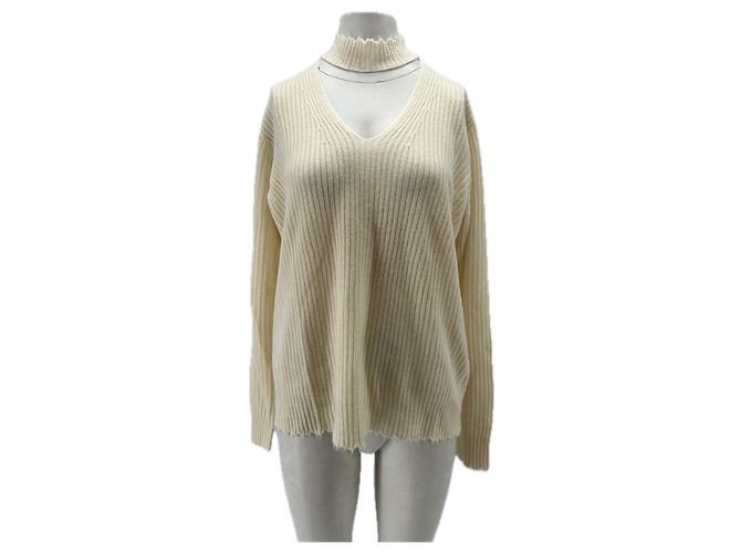 R13 Pull col V crème en cachemire Beige