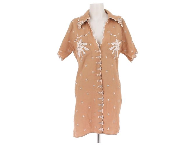 Vestido curto Magali Pascal de linho marrom com bordado branco