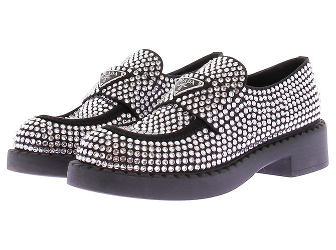 Prada Mokassins mit Strass Leder Silber Gr. 37