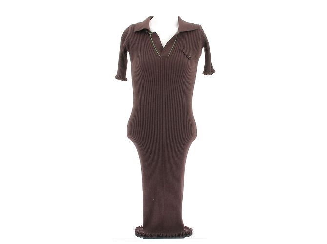 Bottega Veneta Maxikleid aus brauner Wolle mit grüner Paspel