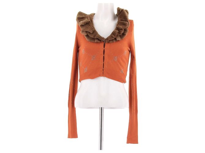 Blumarine Crop Top Orange mit Kunstfellkragen