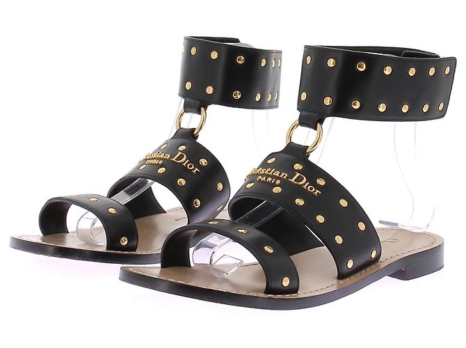 Dior Black Leather Sandals with Gold Studs