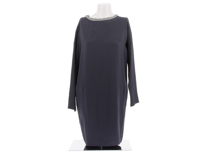 Brunello Cucinelli Midikleid aus marineblauer Seide mit Perlenkragen