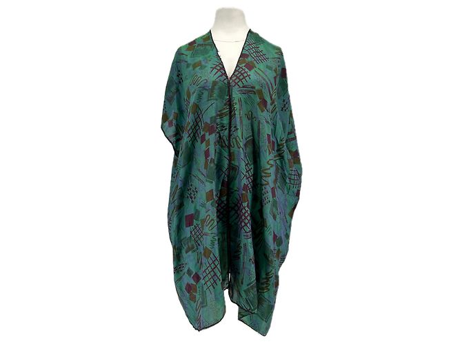 Autre Marque Vestido sarong de seda verde com padrão geométrico