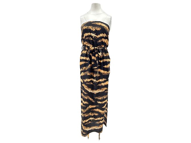 Autre Marque Seidenkleid mit Tigerdruck Schwarz