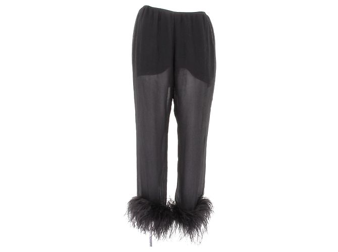 Prada Pantaloni in Seta e Piume Nero
