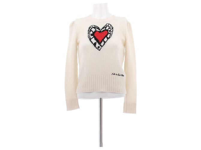 Christian Dior Pull crème motif cœur en cachemire Beige