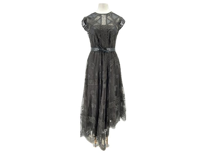 Vestido maxi de encaje negro Hermès con cinturón de cuero