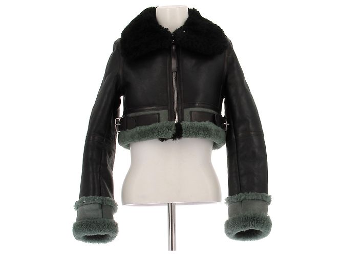 Giacca corta in pelle di lana nera e verde Acne Nero