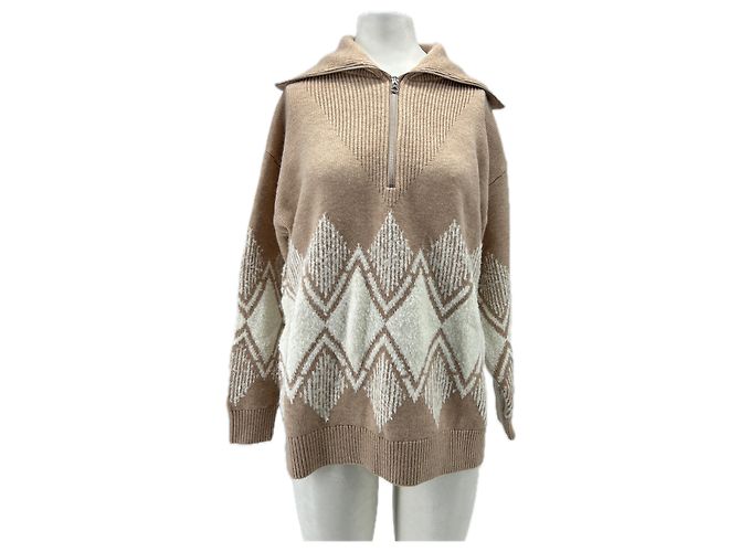 Autre Marque Pull zip beige et blanc