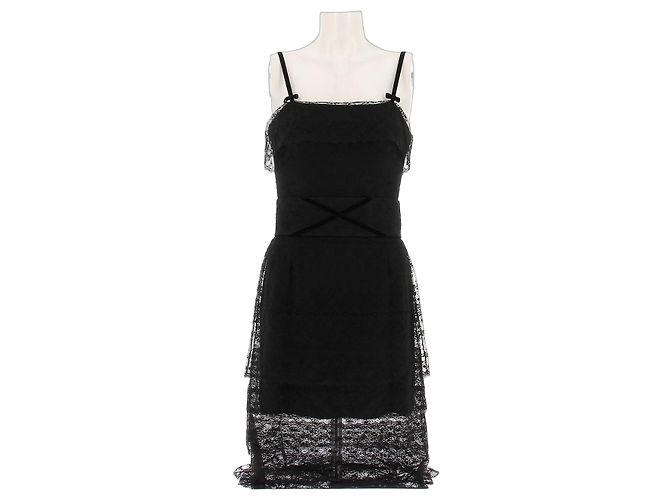 Vestido curto de seda preta e renda Lanvin Preto