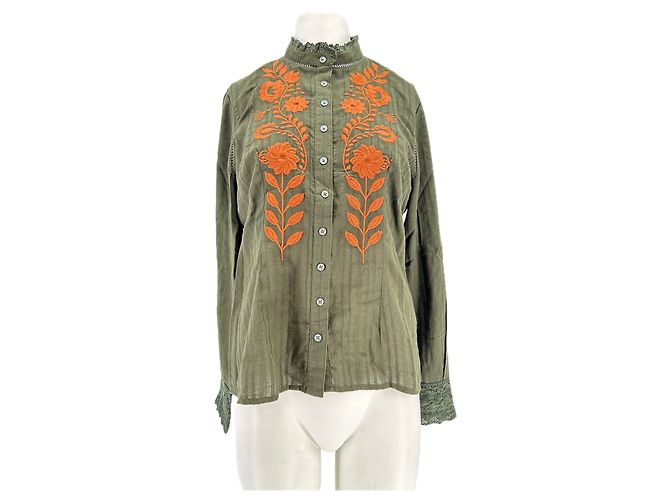 Blusa bordada de algodão caqui Antik Batik