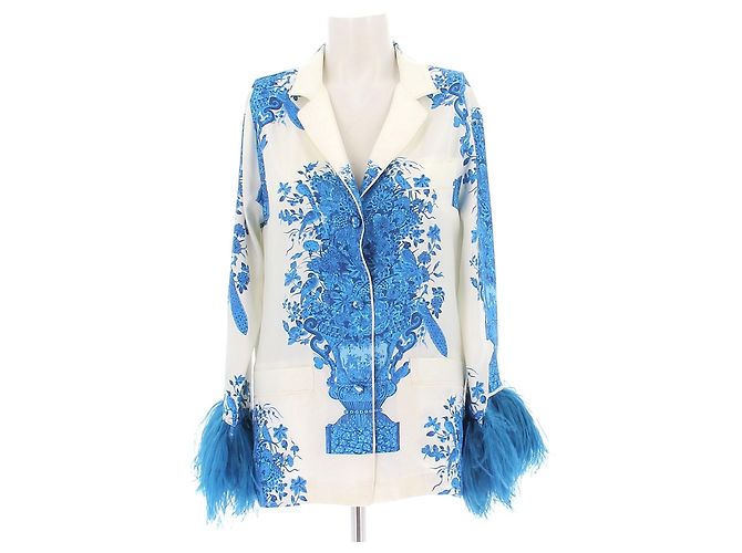 Blazer Valentino Garavani de seda estampado branco e azul com penas