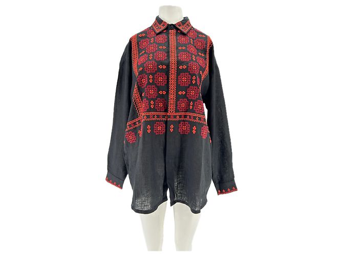 Autre Marque Camicia ETNODIUM in lino nero con ricamo rosso
