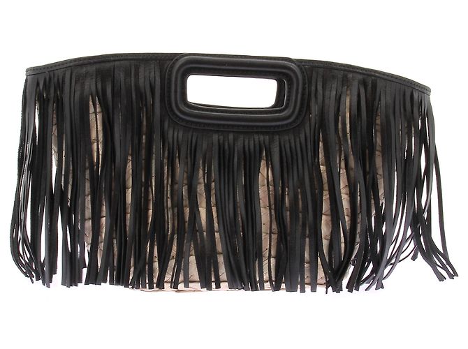Maje Fransenhandtasche aus Raphia und Leder Schwarz