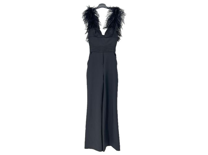 Elie Saab Schwarzer ärmelloser Jumpsuit mit Federn
