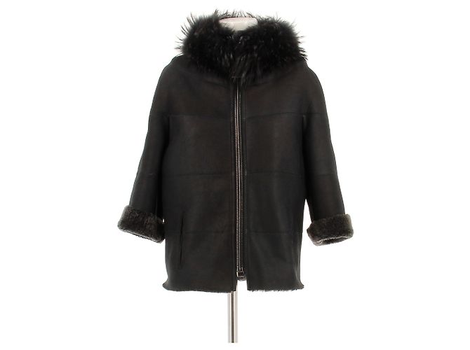Sam Rone Black Sheepskin Jacket with Fox Fur Collar
